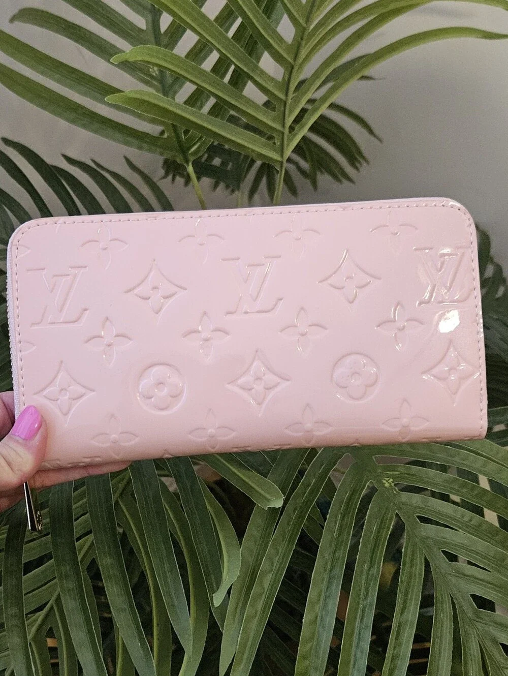 Designer Inspired Gorgeous Pink Patent Monogram Zipper Wallet